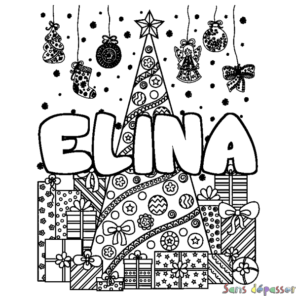 Coloriage prénom ELINA - d&eacute;cor Sapin et Cadeaux