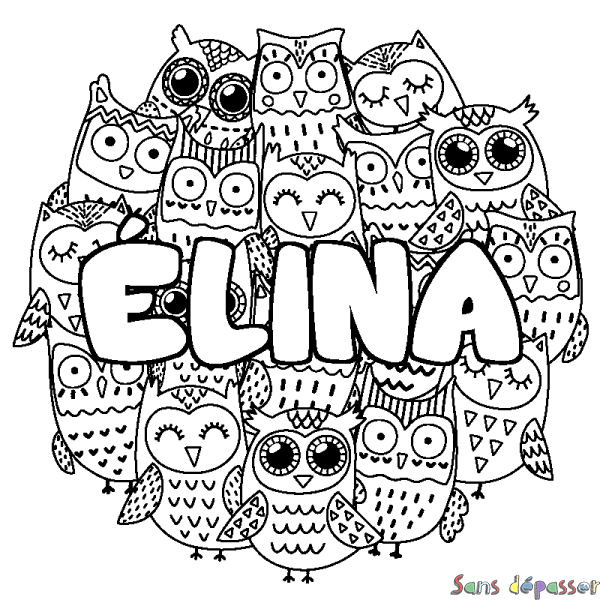 Coloriage pr&eacute;nom &Eacute;LINA - d&eacute;cor Chouettes