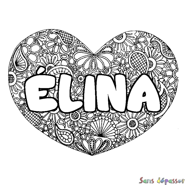 Coloriage pr&eacute;nom &Eacute;LINA - d&eacute;cor Mandala coeur
