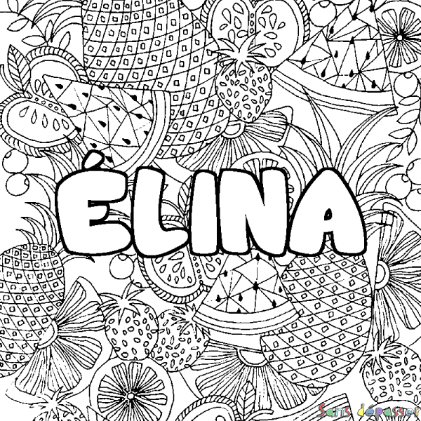 Coloriage pr&eacute;nom &Eacute;LINA - d&eacute;cor Mandala fruits