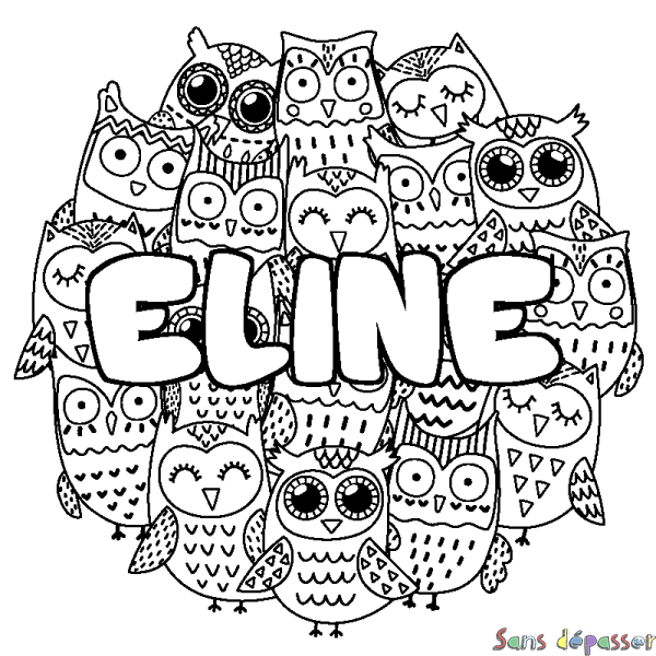 Coloriage pr&eacute;nom ELINE - d&eacute;cor Chouettes