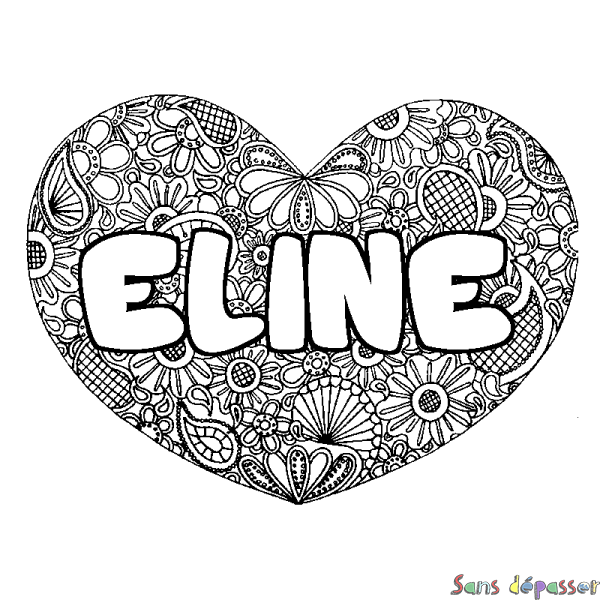 Coloriage pr&eacute;nom ELINE - d&eacute;cor Mandala coeur