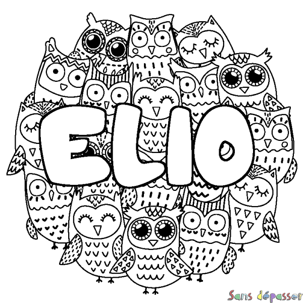 Coloriage pr&eacute;nom ELIO - d&eacute;cor Chouettes