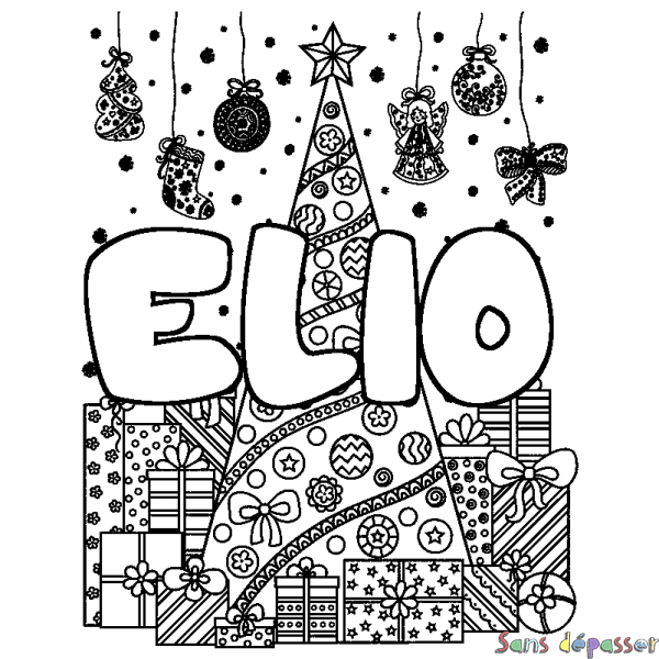 Coloriage pr&eacute;nom ELIO - d&eacute;cor Sapin et Cadeaux