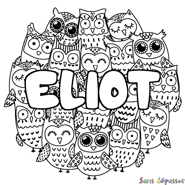 Coloriage pr&eacute;nom ELIOT - d&eacute;cor Chouettes