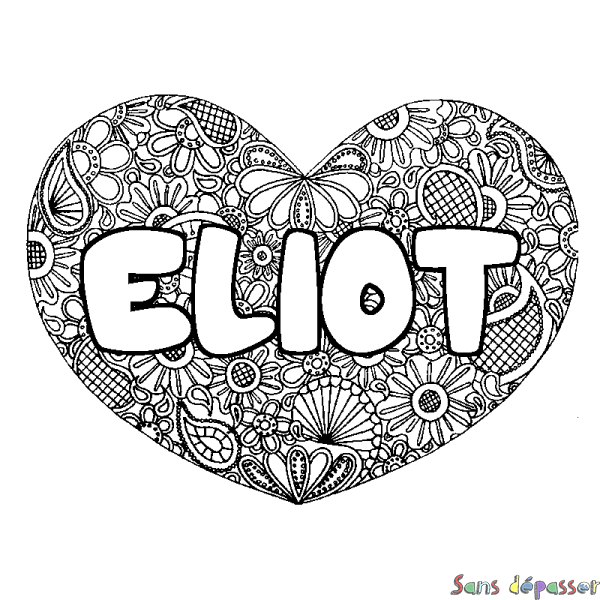 Coloriage pr&eacute;nom ELIOT - d&eacute;cor Mandala coeur