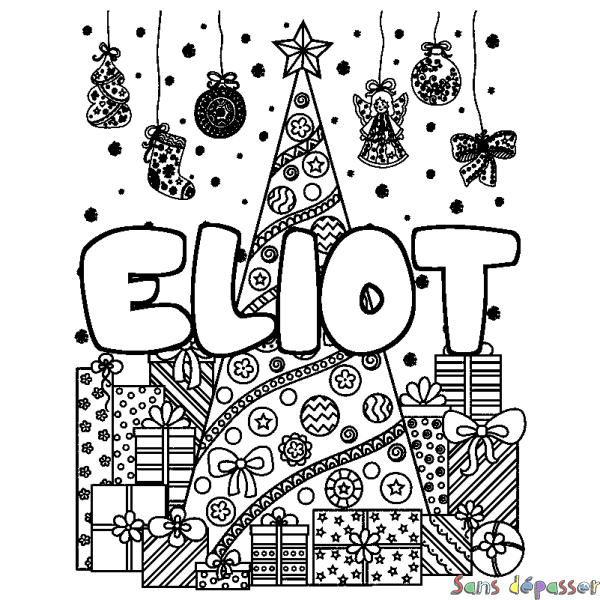 Coloriage pr&eacute;nom ELIOT - d&eacute;cor Sapin et Cadeaux