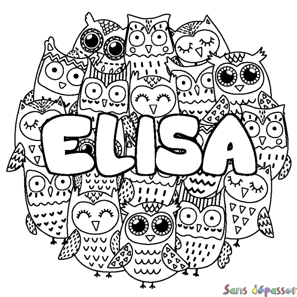 Coloriage prénom ELISA - d&eacute;cor Chouettes