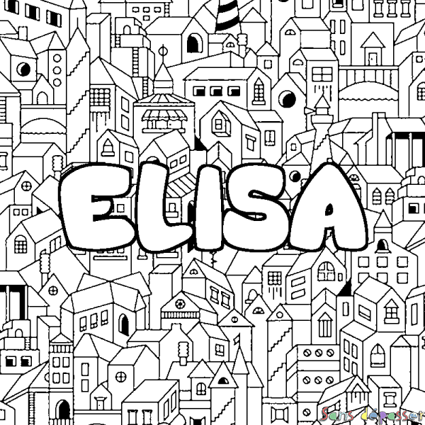 Coloriage pr&eacute;nom ELISA - d&eacute;cor Ville