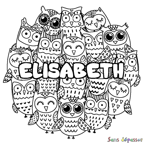 Coloriage pr&eacute;nom ELISABETH - d&eacute;cor Chouettes