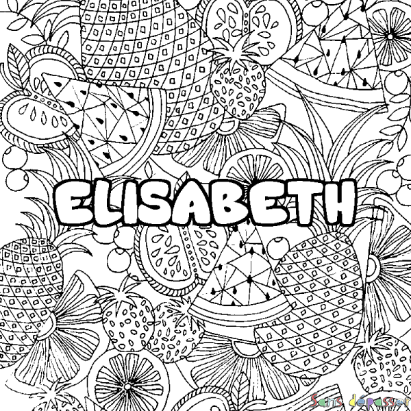 Coloriage pr&eacute;nom ELISABETH - d&eacute;cor Mandala fruits