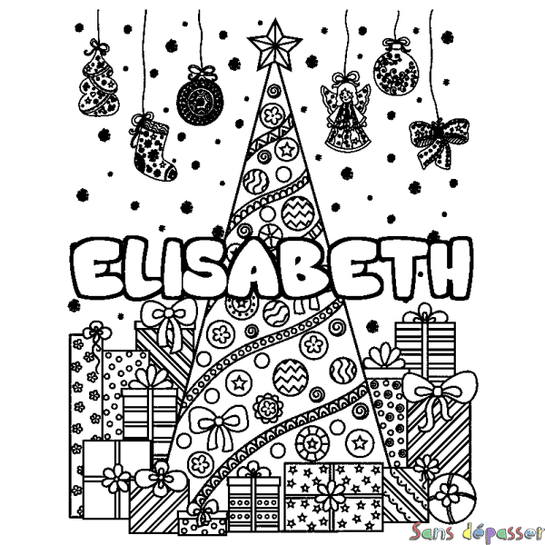 Coloriage prénom ELISABETH - d&eacute;cor Sapin et Cadeaux