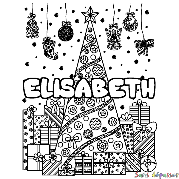 Coloriage pr&eacute;nom ELISABETH - d&eacute;cor Sapin et Cadeaux