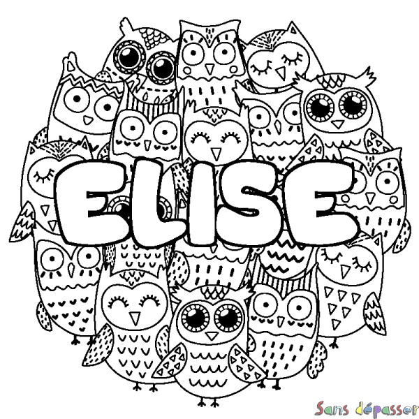Coloriage pr&eacute;nom ELISE - d&eacute;cor Chouettes