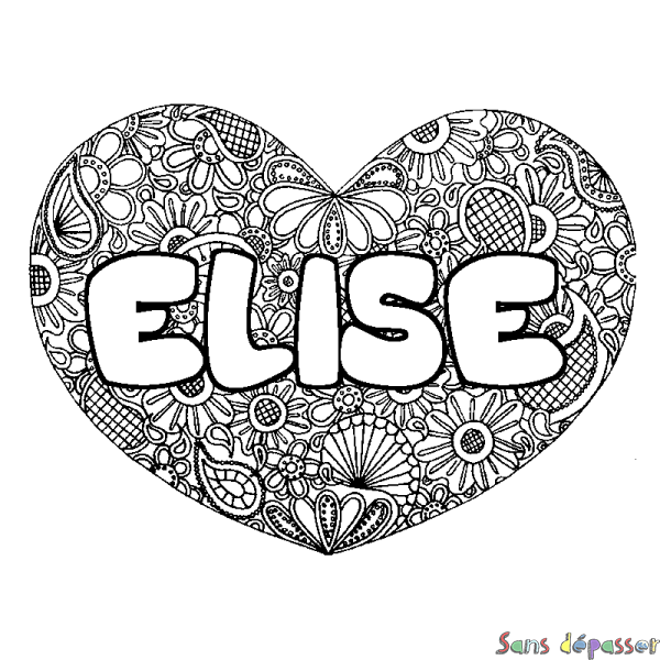 Coloriage pr&eacute;nom ELISE - d&eacute;cor Mandala coeur