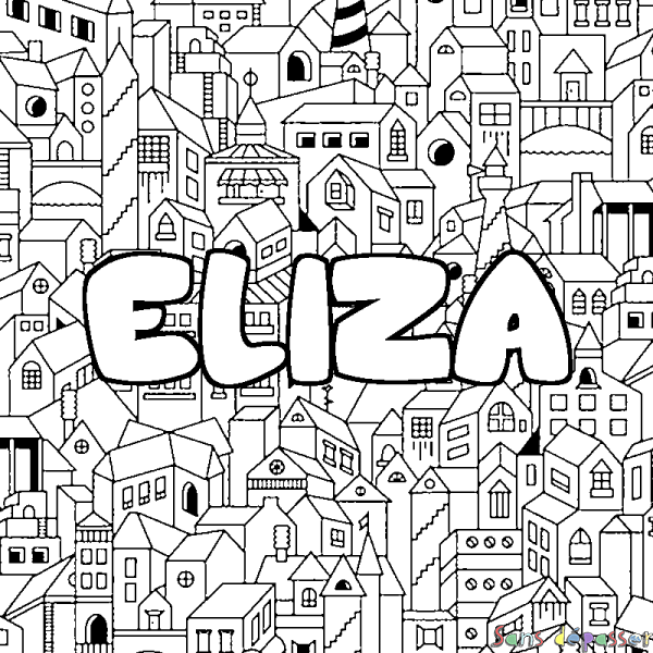 Coloriage prénom ELIZA - d&eacute;cor Ville