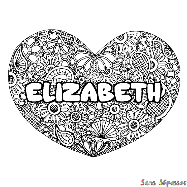 Coloriage prénom ELIZABETH - d&eacute;cor Mandala coeur