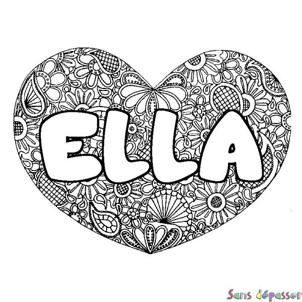 Coloriage pr&eacute;nom ELLA - d&eacute;cor Mandala coeur