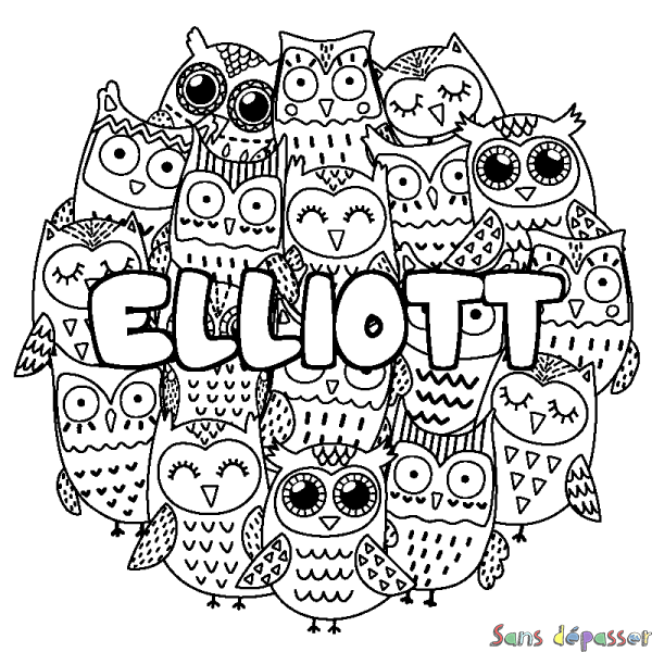 Coloriage pr&eacute;nom ELLIOTT - d&eacute;cor Chouettes