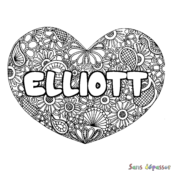 Coloriage prénom ELLIOTT - d&eacute;cor Mandala coeur