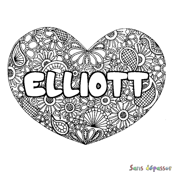 Coloriage pr&eacute;nom ELLIOTT - d&eacute;cor Mandala coeur