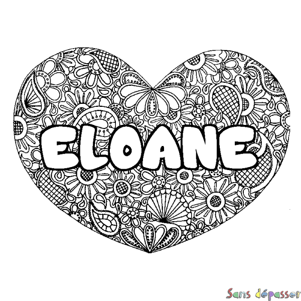 Coloriage pr&eacute;nom ELOANE - d&eacute;cor Mandala coeur