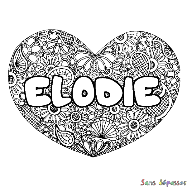 Coloriage prénom ELODIE - d&eacute;cor Mandala coeur