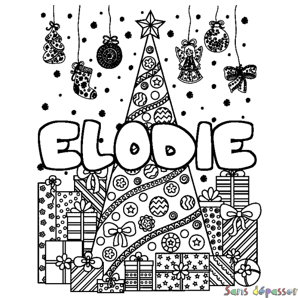 Coloriage prénom ELODIE - d&eacute;cor Sapin et Cadeaux