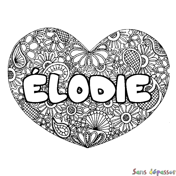 Coloriage pr&eacute;nom &Eacute;LODIE - d&eacute;cor Mandala coeur