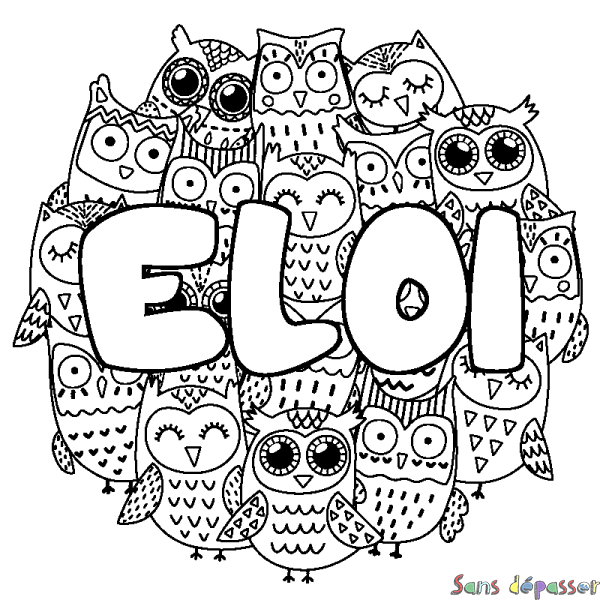 Coloriage pr&eacute;nom ELOI - d&eacute;cor Chouettes