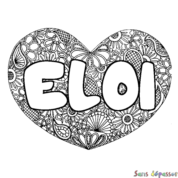 Coloriage pr&eacute;nom ELOI - d&eacute;cor Mandala coeur