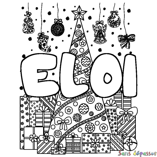 Coloriage pr&eacute;nom ELOI - d&eacute;cor Sapin et Cadeaux