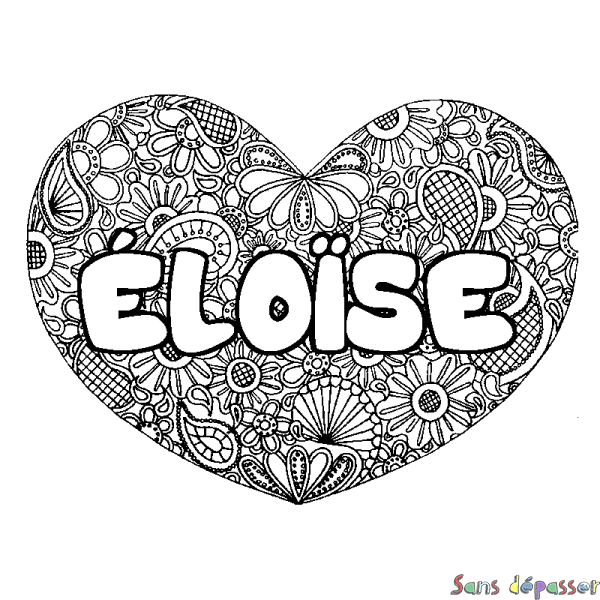 Coloriage pr&eacute;nom &Eacute;LO&Iuml;SE - d&eacute;cor Mandala coeur