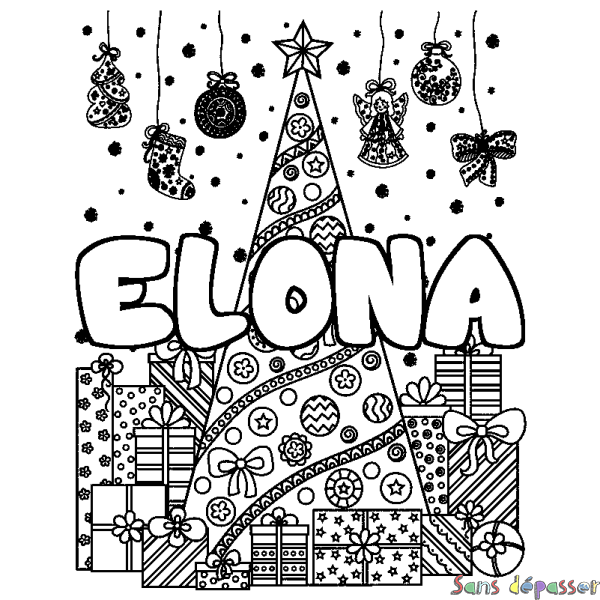 Coloriage prénom ELONA - d&eacute;cor Sapin et Cadeaux