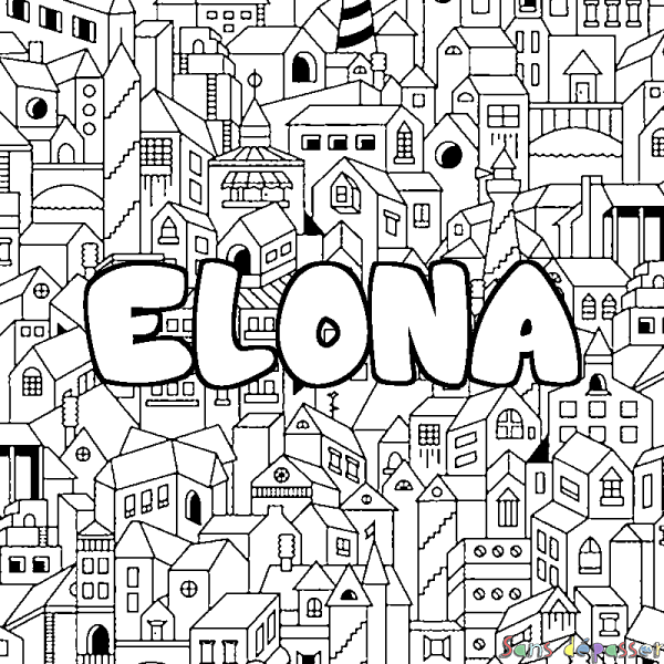 Coloriage pr&eacute;nom ELONA - d&eacute;cor Ville