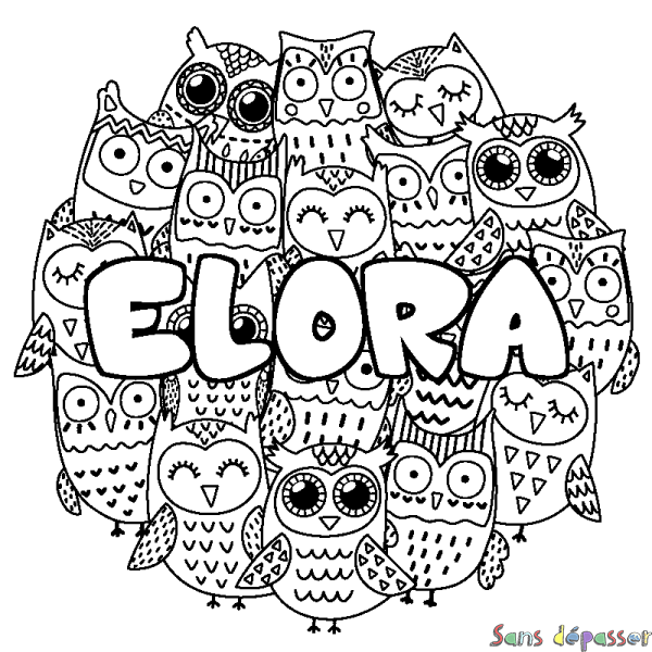 Coloriage pr&eacute;nom ELORA - d&eacute;cor Chouettes