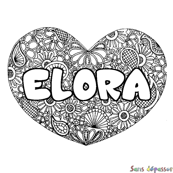Coloriage pr&eacute;nom ELORA - d&eacute;cor Mandala coeur