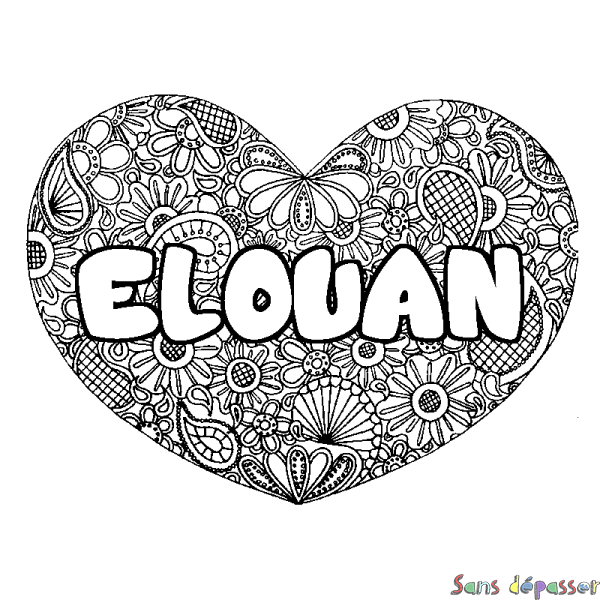 Coloriage pr&eacute;nom ELOUAN - d&eacute;cor Mandala coeur