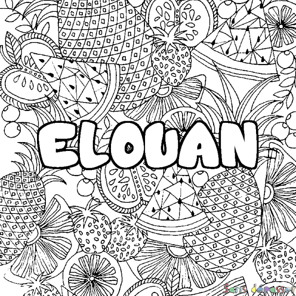 Coloriage pr&eacute;nom ELOUAN - d&eacute;cor Mandala fruits