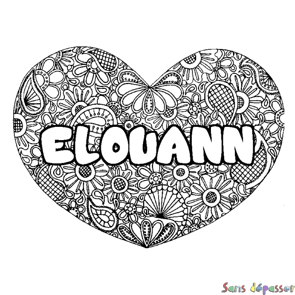 Coloriage pr&eacute;nom ELOUANN - d&eacute;cor Mandala coeur