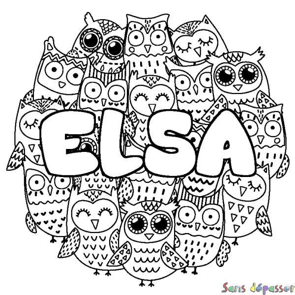 Coloriage pr&eacute;nom ELSA - d&eacute;cor Chouettes