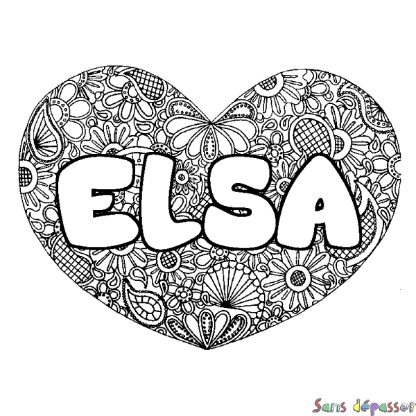 Coloriage pr&eacute;nom ELSA - d&eacute;cor Mandala coeur