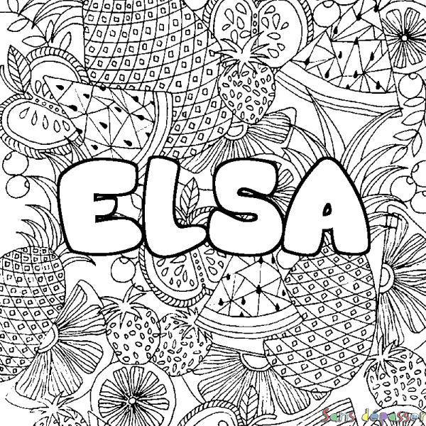 Coloriage pr&eacute;nom ELSA - d&eacute;cor Mandala fruits