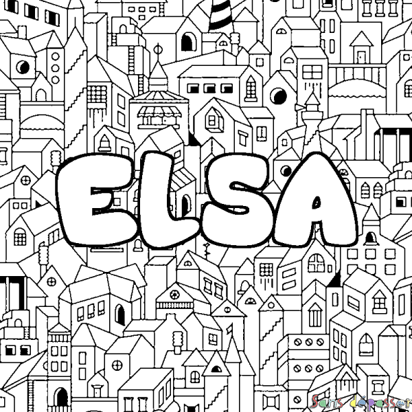 Coloriage pr&eacute;nom ELSA - d&eacute;cor Ville