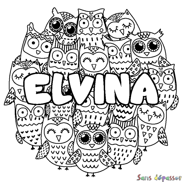 Coloriage pr&eacute;nom ELVINA - d&eacute;cor Chouettes