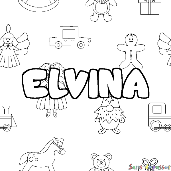 Coloriage pr&eacute;nom ELVINA - d&eacute;cor Jouets