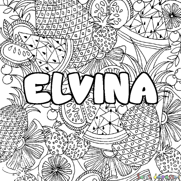 Coloriage pr&eacute;nom ELVINA - d&eacute;cor Mandala fruits