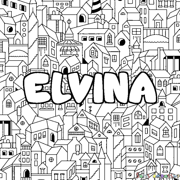 Coloriage prénom ELVINA - d&eacute;cor Ville