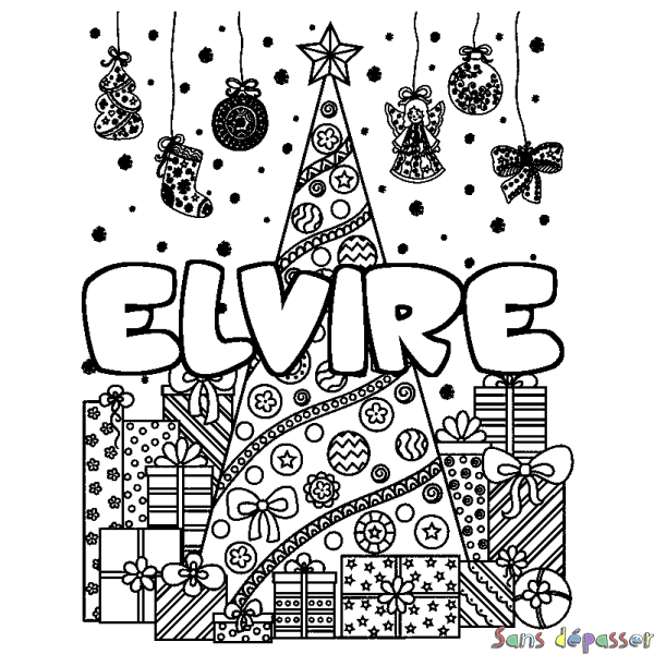 Coloriage prénom ELVIRE - d&eacute;cor Sapin et Cadeaux