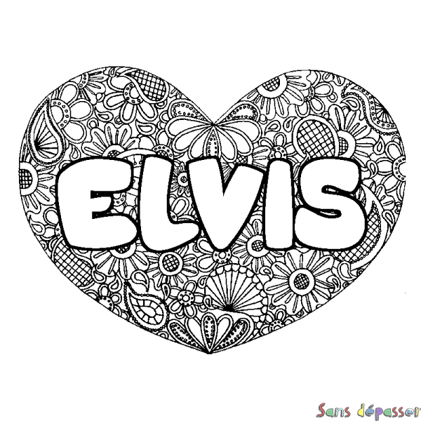 Coloriage pr&eacute;nom ELVIS - d&eacute;cor Mandala coeur